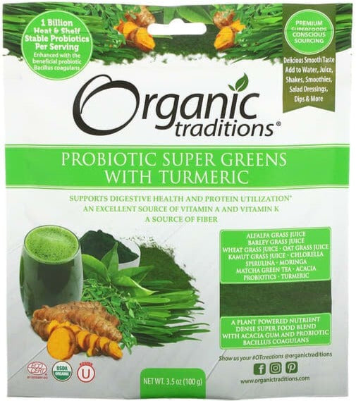 Organic Traditions, Probiotic Super Greens with Turmeric, 100 g Mom