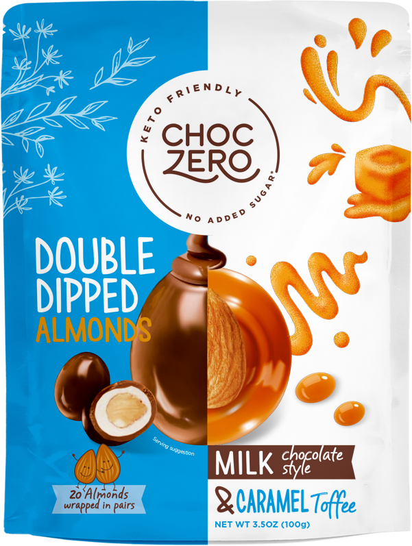 ChocZero, Milk Chocolate and Caramel Toffee, Double Dipped Almonds, Sugar Free, 100g - Mom it KeTo Go