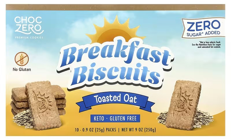 ChocZero, Premium Cookies, Keto, Gluten Free, Sugar Free, Breakfast Biscuits, Toasted Oat Cookies, 10 Packs, (25 g) Each