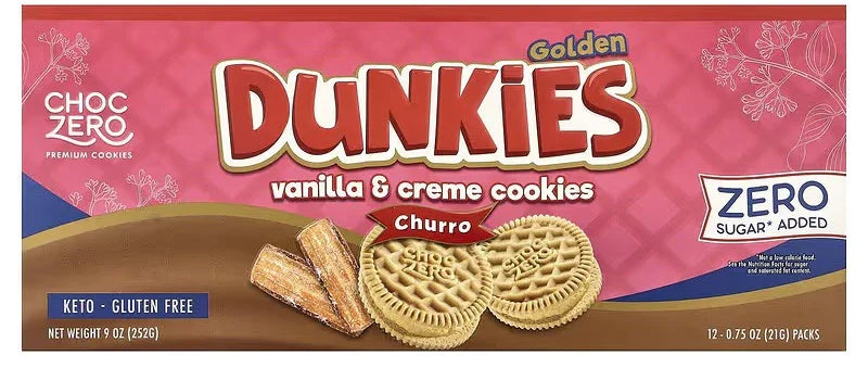 ChocZero, Premium Cookies, Golden Dunkies, Vanilla & Creme Cookies, Churro, Keto, Gluten Free, Sugar Free 12 Packs, 21g Each - Mom it KeTo Go By Safa’