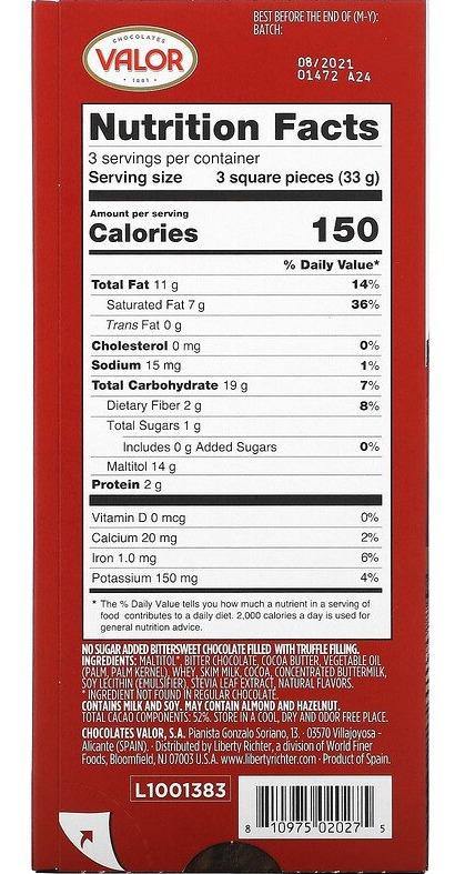 Valor, Creamy Dark Chocolate With Creamy Truffle Filling, 0% Sugar Added, 100 g - Mom it KeTo Go