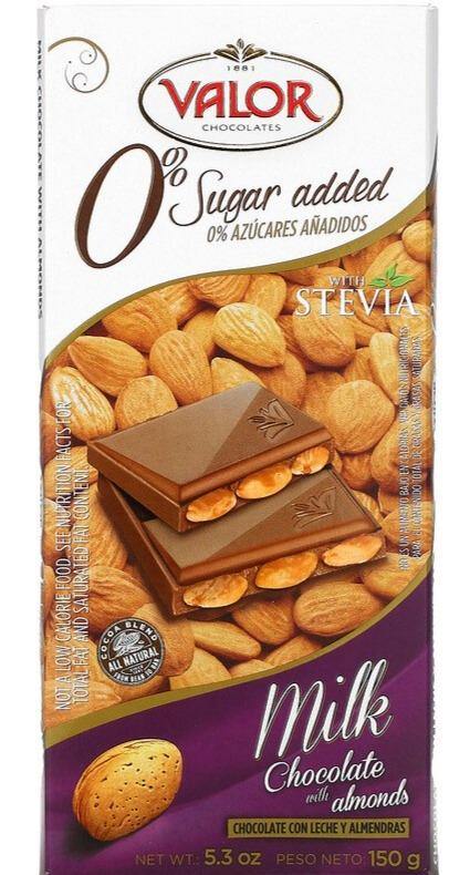 Valor, 0% Sugar Added, Milk Chocolate with Almonds, 150 g - Mom it KeTo Go