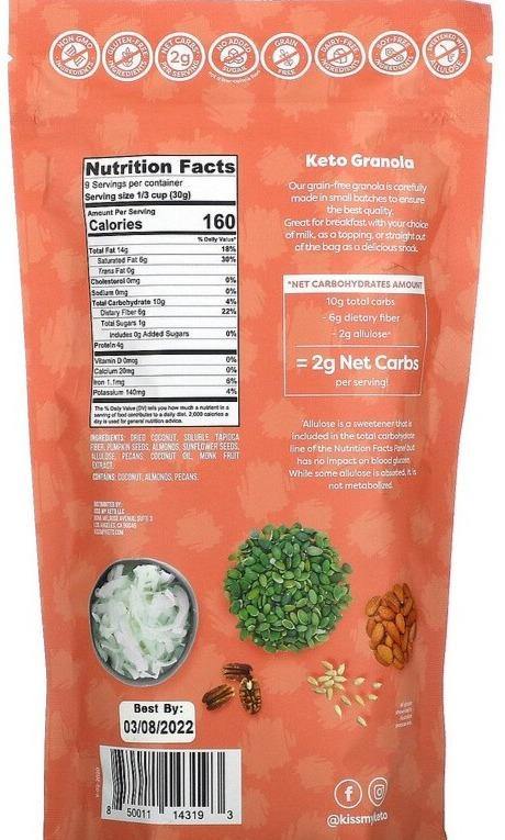 Kiss My Keto, Keto Granola, Coconut, Almond & Pecan, 270 g - Mom it KeTo Go