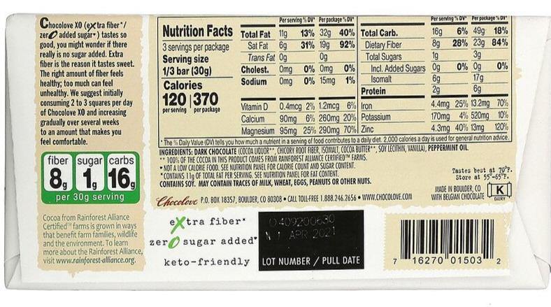 Chocolove, XO, Mint in 60% Dark Chocolate Sugar Free Bar, 90 g - Mom it KeTo Go