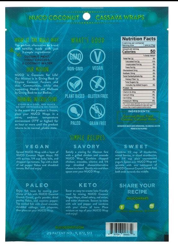 NUCO, Coconut Cassava Keto Wraps, Milder Coconut, 5 Count, 55 g - Mom it KeTo Go