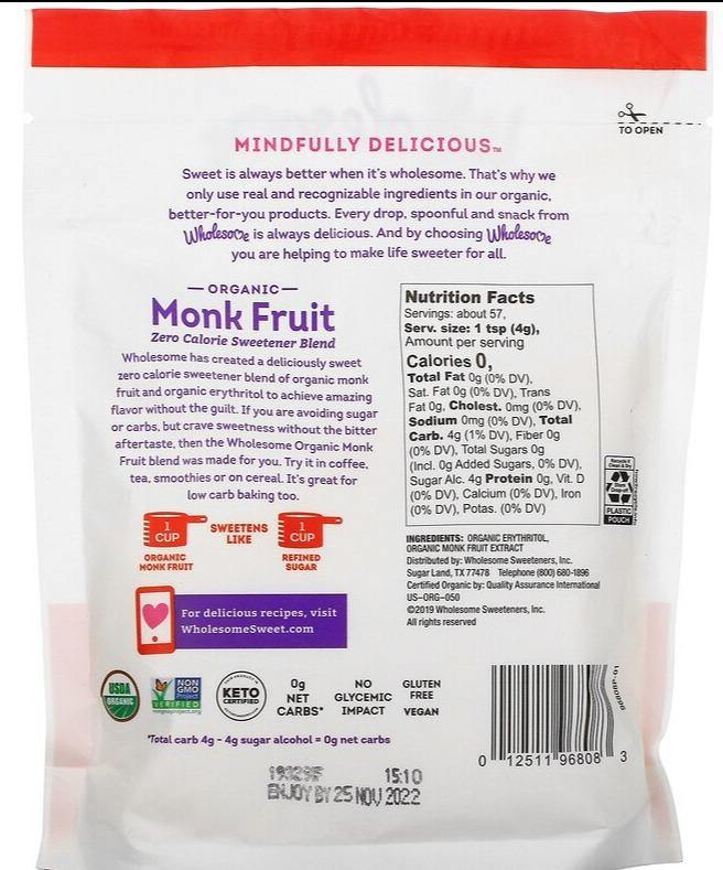 Wholesome, Organic Monk Fruit, 227 g - Mom it KeTo Go