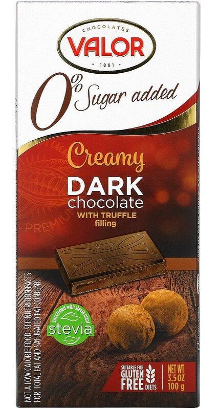 Valor, Creamy Dark Chocolate With Creamy Truffle Filling, 0% Sugar Added, 100 g - Mom it KeTo Go