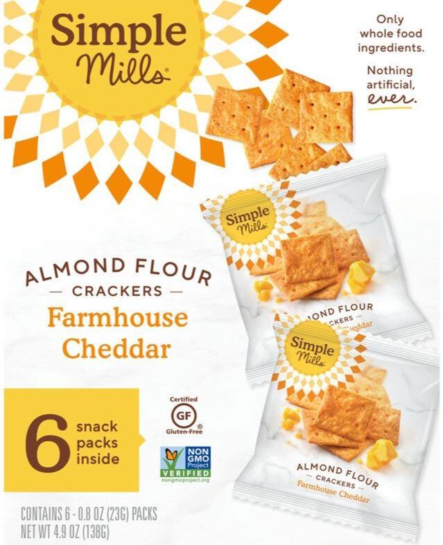 Simple Mills, Naturally Gluten-Free, Almond Flour Crackers, Farmhouse Cheddar, 6 Packs, 23 g Each - Mom it KeTo Go