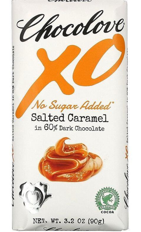 Chocolove, XO, Salted Caramel in 60% Dark Chocolate Sugar Free Bar, 90 g - Mom it KeTo Go