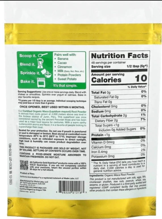 California Gold Nutrition, SUPERFOODS - Gluten Free, NON GMO, No Soy, Organic Maca Root Powder, 240g - Mom it KeTo Go