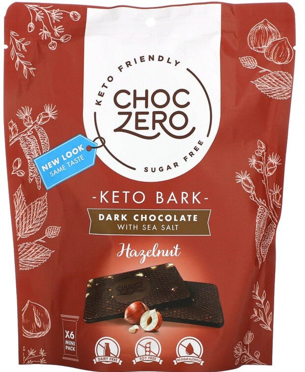 ChocZero, Dark Chocolate With Sea Salt, Hazelnuts, Sugar Free, 6 Bars, 1 oz Each - Mom it KeTo Go
