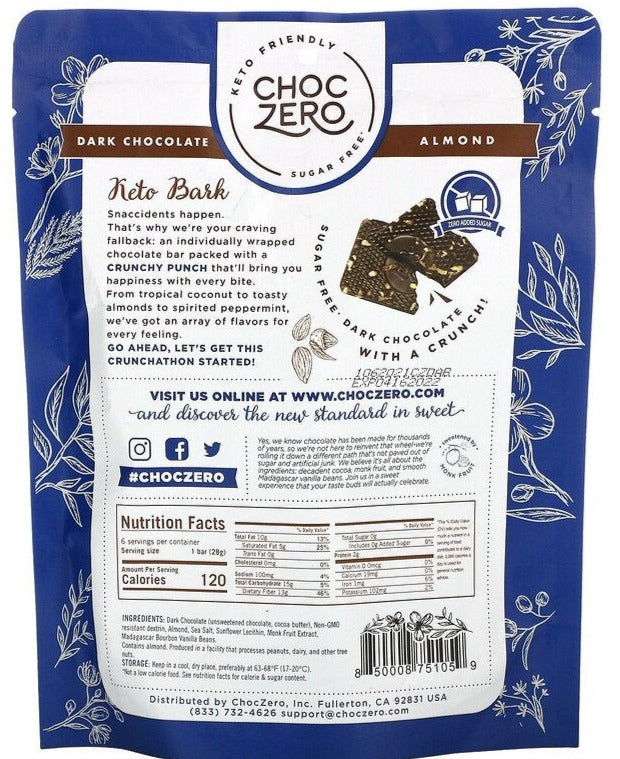 ChocZero, Dark Chocolate with Sea Salt, Almonds, Sugar Free, 6 Bars, 1 oz Each - Mom it KeTo Go