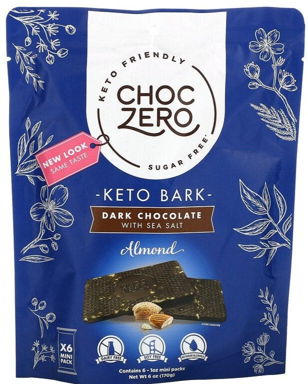 ChocZero, Dark Chocolate with Sea Salt, Almonds, Sugar Free, 6 Bars, 1 oz Each - Mom it KeTo Go