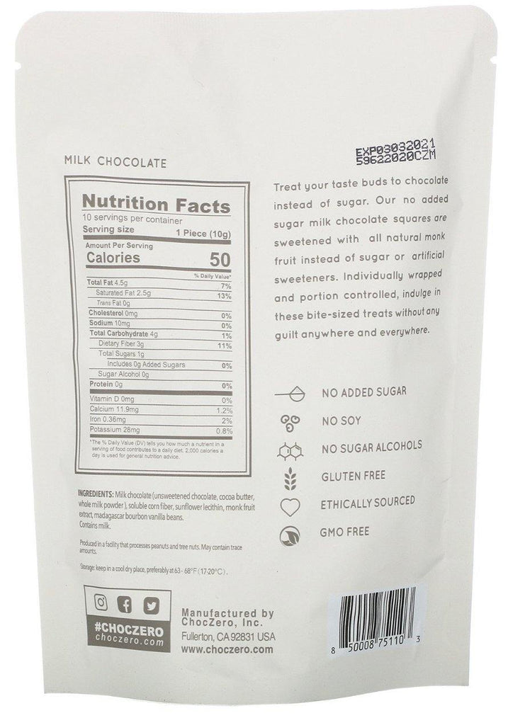 ChocZero, Milk Chocolate Squares, No Sugar Added, 10 Pieces, 3.5 oz each - Mom it KeTo Go