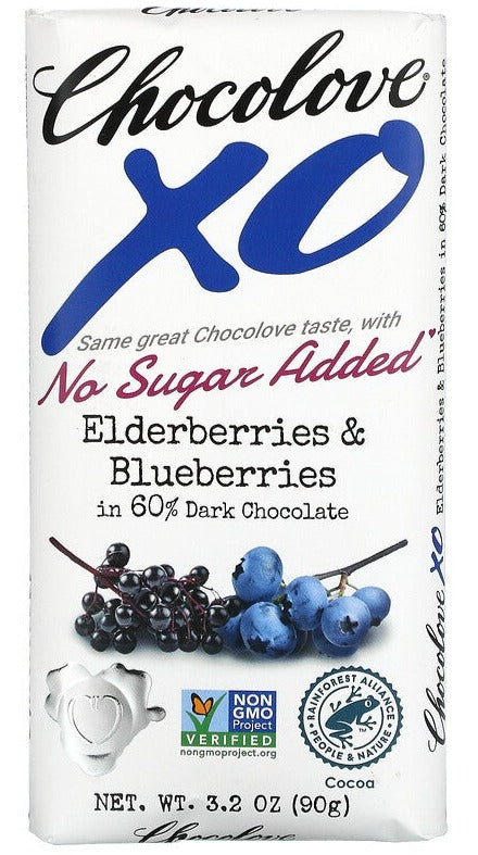 Chocolove, XO, Elderberries & Blueberries In 60% Dark Chocolate Sugar Free Bar, 90 g - Mom it KeTo Go