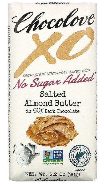 Chocolove, XO, Salted Almond Butter in 60% Dark Chocolate Sugar Free Bar, 90 g - Mom it KeTo Go