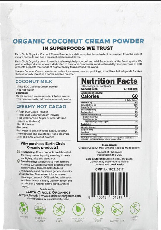 Earth Circle Organics, KETO, Organic Coconut Cream Powder, 453.4 g - Mom it KeTo Go