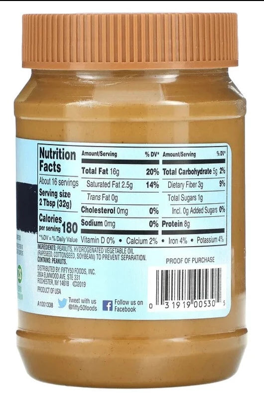Fifty 50, Low Glycemic, No Sugar, Zero Sodium, Peanut Butter, Creamy, 510 g - Mom it KeTo Go