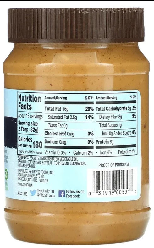 Fifty 50, Low Glycemic, No Sugar, Zero Sodium, Peanut Butter, Crunchy, 510 g - Mom it KeTo Go