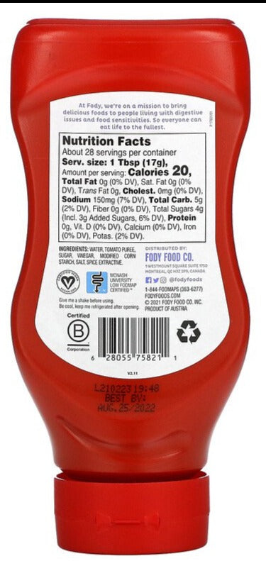 Fody, No Onion, No Garlic, Sensitive Recipe, Gluten Free Ketchup, 475 g - Mom it KeTo Go