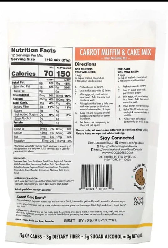 Good Dee's, KETO, Gluten Free, Low Carb Baking Mix, Carrot Muffin & Cake Mix, 249g - Mom it KeTo Go