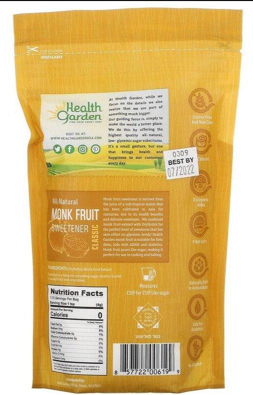 Health Garden, All Natural Monk Fruit Sweetener, Classic, 453 g - Mom it KeTo Go