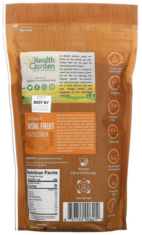 Health Garden, All Natural Monk Fruit Sweetener, Golden, 453 g - Mom it KeTo Go