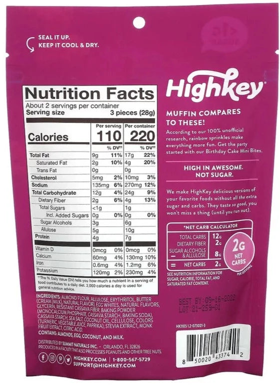 HighKey, Mini Bites, Keto, Gluten Free, Birthday Cake, 57 g - Mom it KeTo Go
