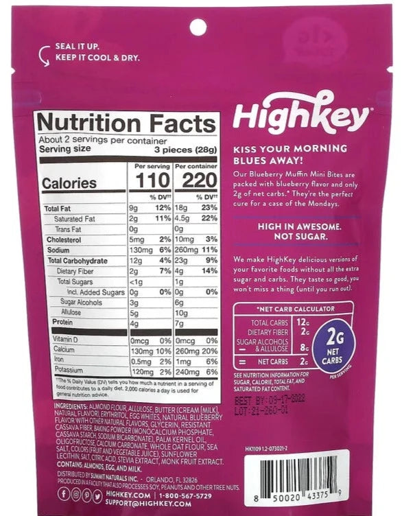HighKey, Mini Bites, Keto, Gluten Free, Blueberry Muffin, 57 g - Mom it KeTo Go