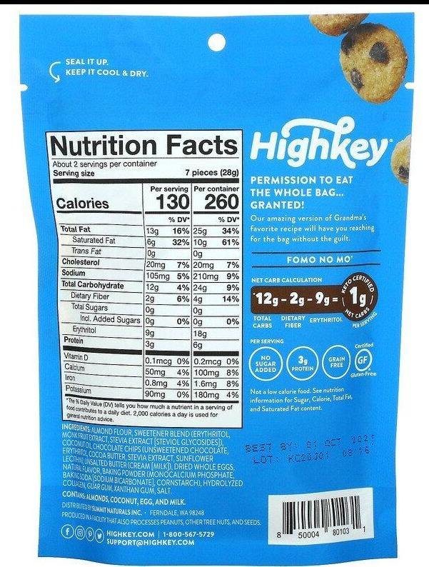 HighKey, Keto Mini Cookies, Chocolate Chip 56.6 g - Mom it KeTo Go
