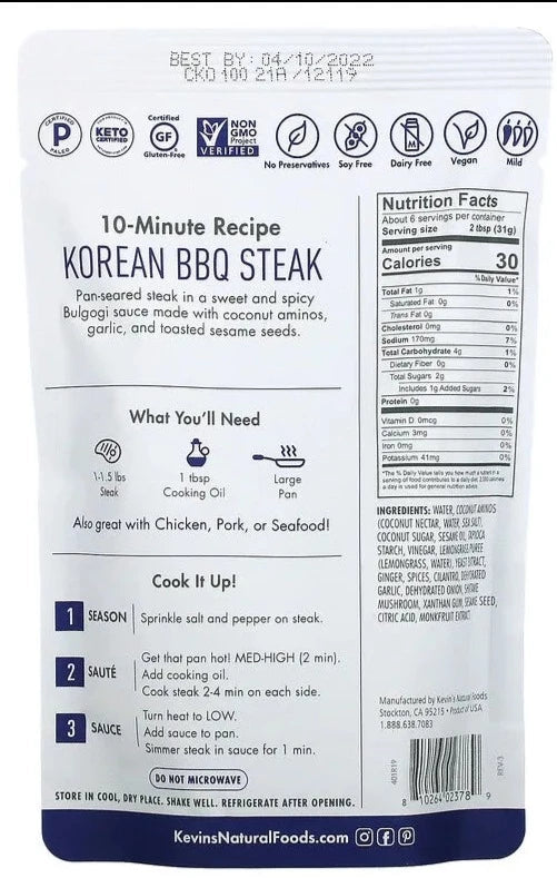Kevin's Natural Foods, Korean BBQ Sauce, Mild, KETO, PALEO, 198 g - Mom it KeTo Go