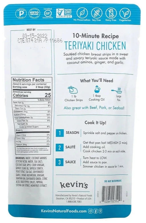 Kevin's Natural Foods, Teriyaki Sauce, KETO, PALEO, 198 g - Mom it KeTo Go