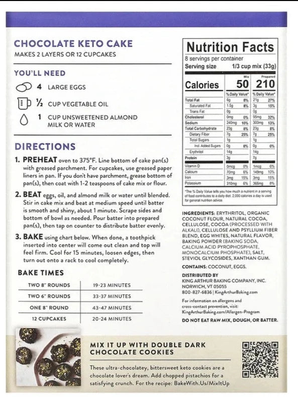 King Arthur Flour, Keto Cake Mix, Chocolate, 262 g - Mom it KeTo Go