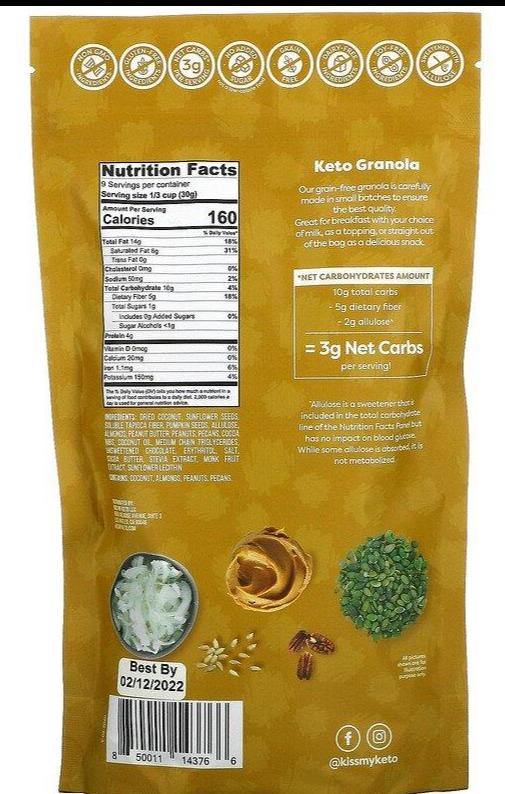 Kiss My Keto, Keto Granola, Peanut Butter & Chocolate Chips, 270 g - Mom it KeTo Go