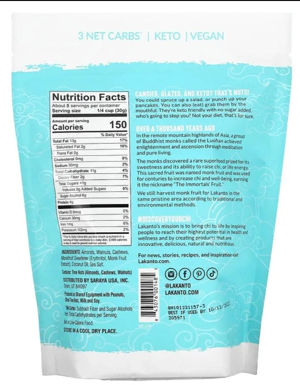 Lakanto, Keto Candied Nuts, Simple Glazed, 227 g - Mom it KeTo Go
