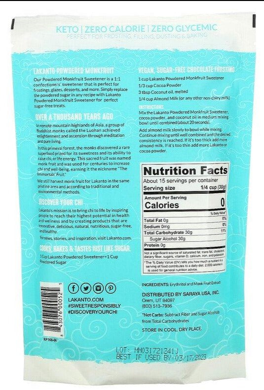 Lakanto, Powdered Monkfruit Sweetener with Erythritol, Sugar Free, 454 g - Mom it KeTo Go