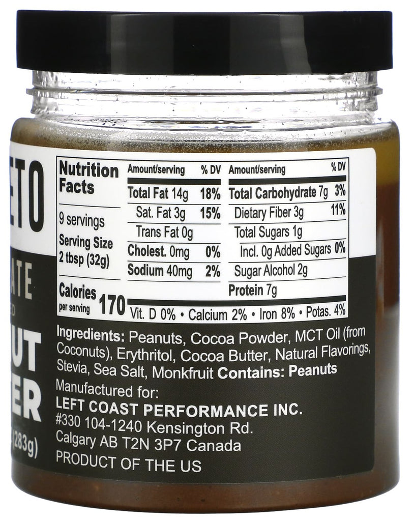 Left Coast Performance, Keto, Chocolate Flavored Peanut Butter, 283 g - Mom it KeTo Go