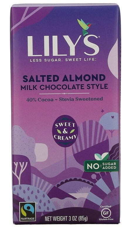 Lily's Sweets, 40% Cocoa Milk Chocolate Style, Salted Almond, 85 g - Mom it KeTo Go