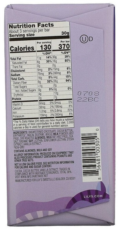 Lily's Sweets, 40% Cocoa Milk Chocolate Style, Salted Almond, 85 g - Mom it KeTo Go