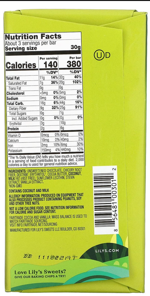 Lily's Sweets, Dark Chocolate, Coconut, 85 g - Mom it KeTo Go