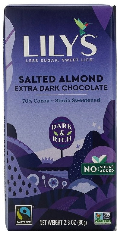 Lily's Sweets, Extra Dark Chocolate Bar, Salted Almond, 70% Cocoa, 80 g - Mom it KeTo Go