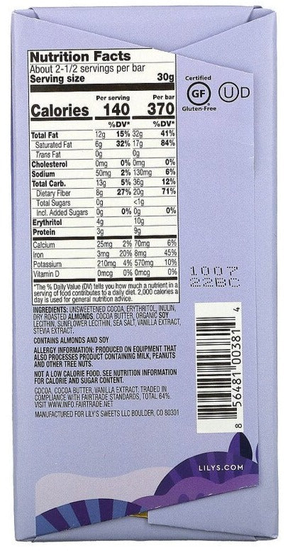 Lily's Sweets, Extra Dark Chocolate Bar, Salted Almond, 70% Cocoa, 80 g - Mom it KeTo Go