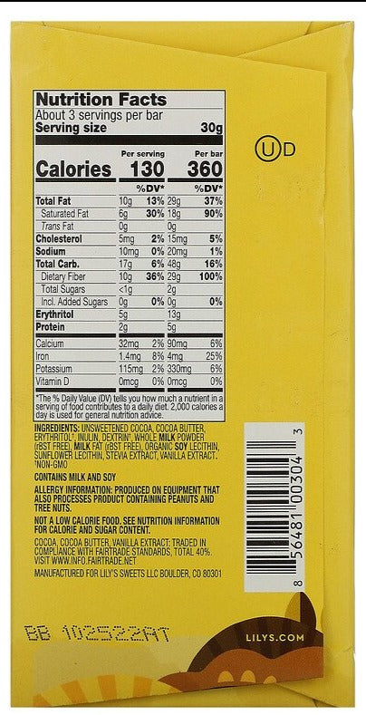 Lily's Sweets, Milk Chocolate Style Bar, Creamy Milk, 40% Cocoa, 85 g - Mom it KeTo Go