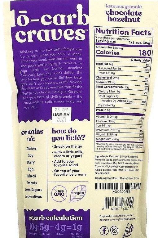 Livlo, Keto Granola, Chocolate Hazelnut, 312 g - Mom it KeTo Go