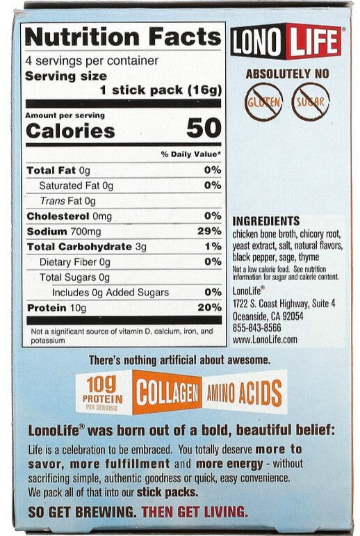 Lonolife, Broth, Chicken Bone, Paleo, 4 Stick Packs, 16 g Each - Mom it KeTo Go