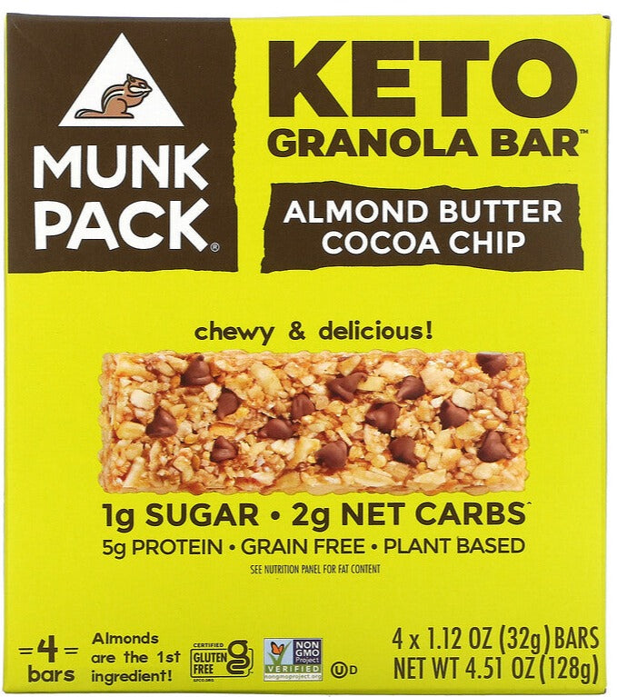 Munk Pack, Keto Granola Bar, Almond Butter Cocoa Chip, 4 Bars, 32 g Each - Mom it KeTo Go
