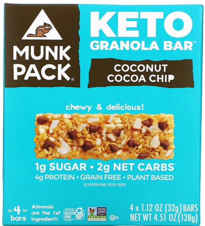 Munk Pack, Keto Granola Bar, Coconut Cocoa Chip, 4 Bars, 32 g Each - Mom it KeTo Go