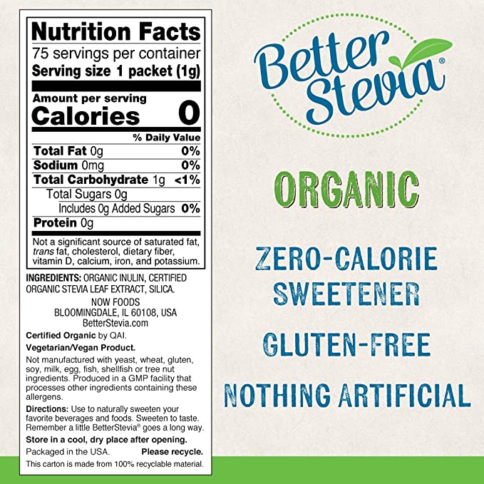 NOW Foods, Organic Better Stevia, Zero-Calorie Sweetener, 75 Packets, 75 g - Mom it KeTo Go