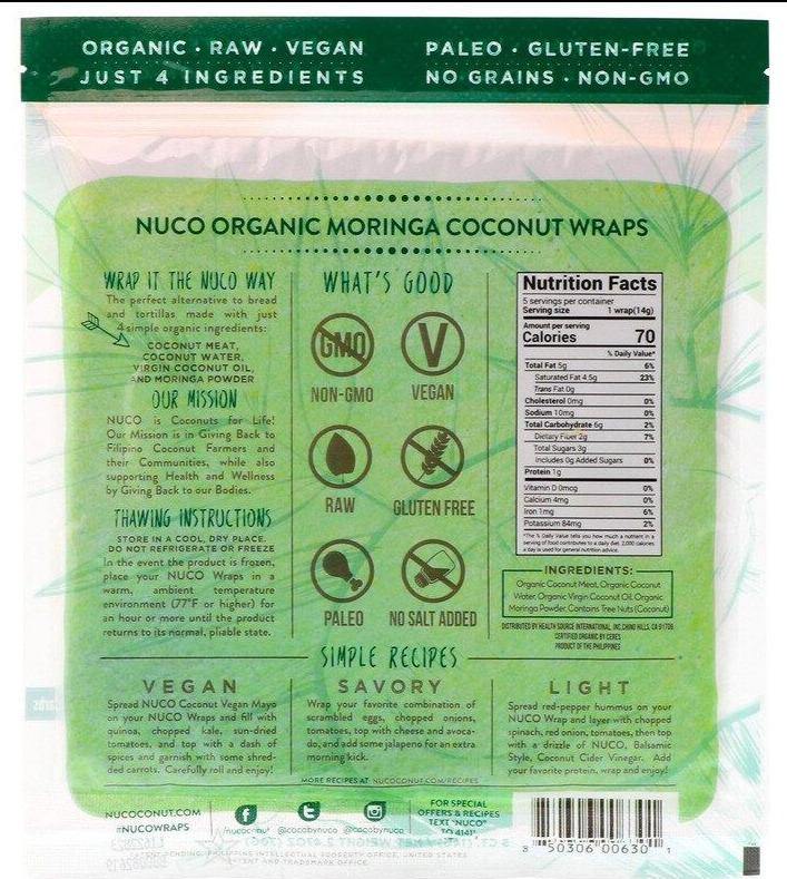NUCO, Organic Coconut Pale Wraps, Moringa, 5 Wraps (14 g) Each - Mom it KeTo Go