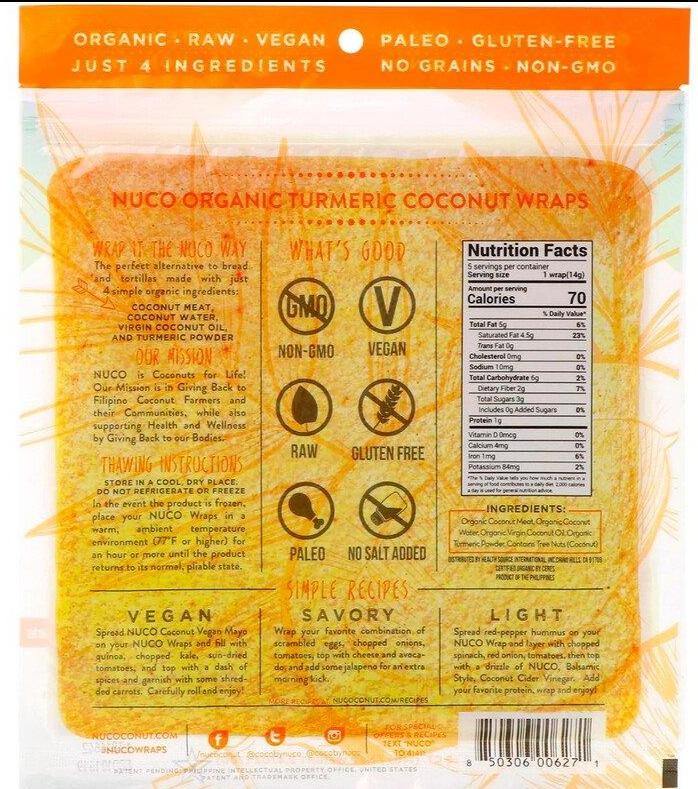 NUCO, Organic Coconut Paleo Wraps, Turmeric, 5 Wraps (14 g) Each - Mom it KeTo Go